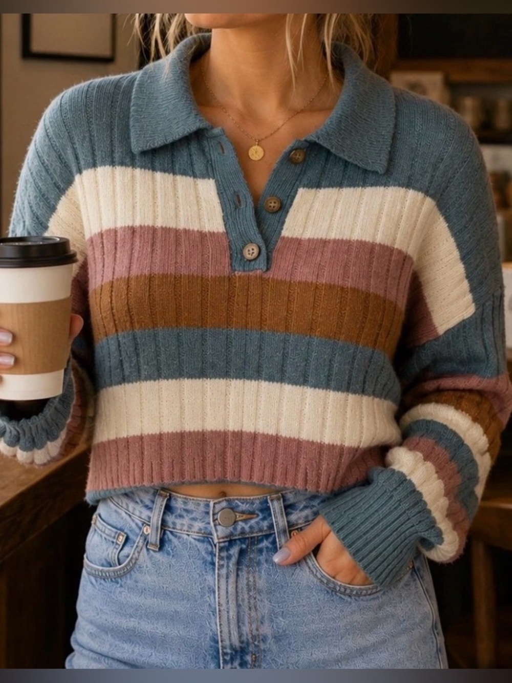 Jolie and JoeStriped Polo Collar Cropped Sweater in Cream, Pink, Gray, and Brown